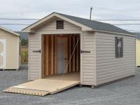 10x16 Peak Style Shed with Open Rampage Door And Pebble Clay Vinyl Siding