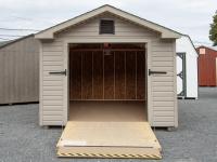 10x16 Peak Style Shed with Rampage Door Open to use as a ramp