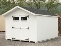10x14 Front Entry Peak Roof Style Storage Shed with White Siding and Black Window Trim