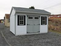 Pine Creek 10x14 New England Cottage with White walls, Light Gray trim and Black shutters, and Oyster Grey shingles