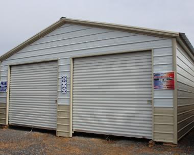 24x26 Metal Garage with White roof, White/Stone 2 tone walls, Stone trim