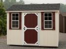 8x10 Peak Roof Style Storage Shed with Navajo White Siding, White Trim, Red Door, and Red Shutters