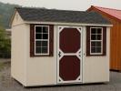 8x10 Peak Roof Style Storage Shed with Cream Siding, White Trim, Red Door, and Red Shutters
